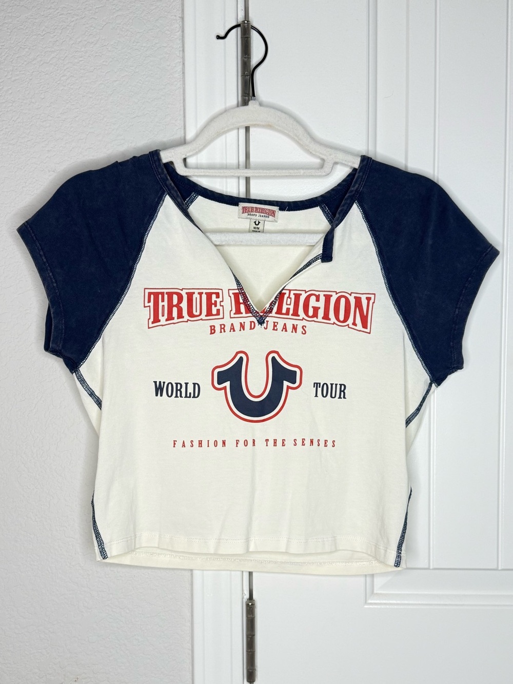 True Religion Y2K World Tour Raglan Baby Tee Navy Cream M
